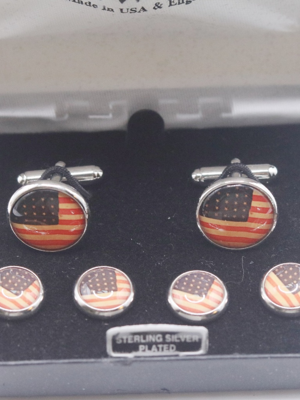 Tuxedo Cufflinks and Studs Set  - American Flag, sterling silver plated